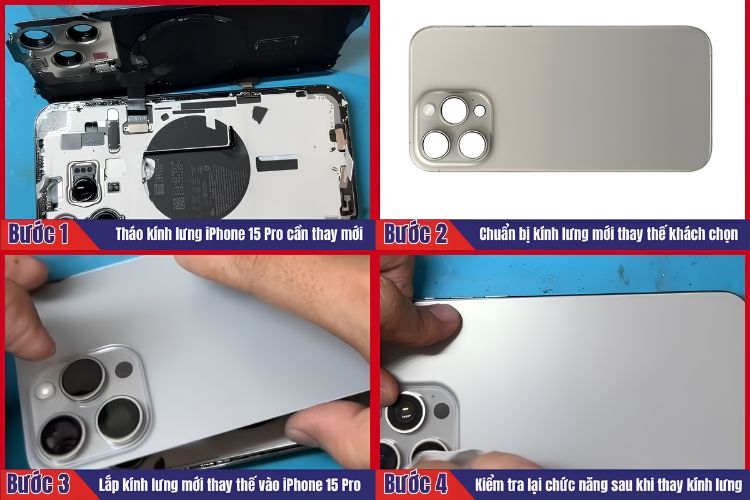 Nhân viên thực hiện tiến hành 4 bước thay kính lưng iPhone 15 Pro tại chamsocdidong.com 