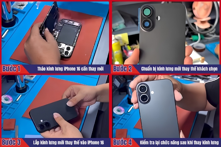 Nhân viên thực hiện tiến hành 4 bước thay kính lưng iPhone 16 tại chamsocdidong.com 