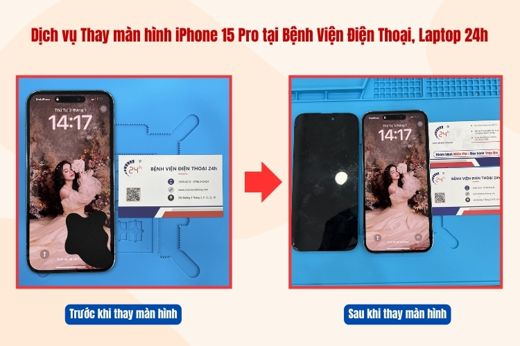 trước và sau khi thay màn hình iphone 15 pro