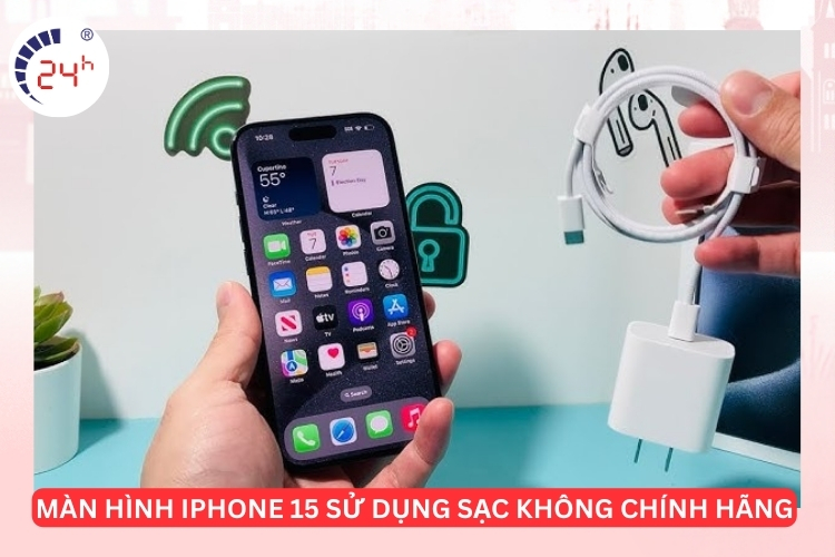 màn hình iPhone 15 dùng sạc không chính hãng