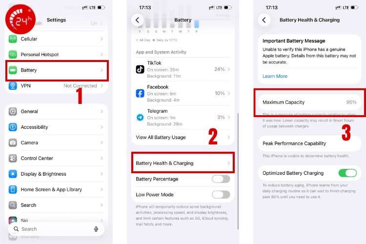 kiểm tra dung lượng tối đa pin iphone