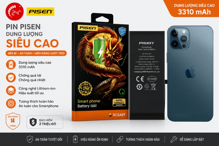 thay pin iphone 12 pro pisen dung lượng siêu cao