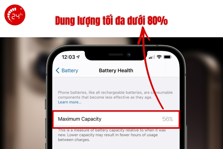 dung lượng tối đa pin iphone dưới 80%