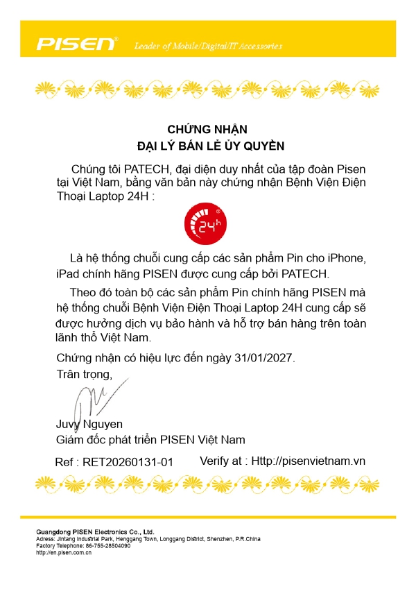 chứng nhận đại lý ủy quyền chính hãng thương hiệu pin pisen