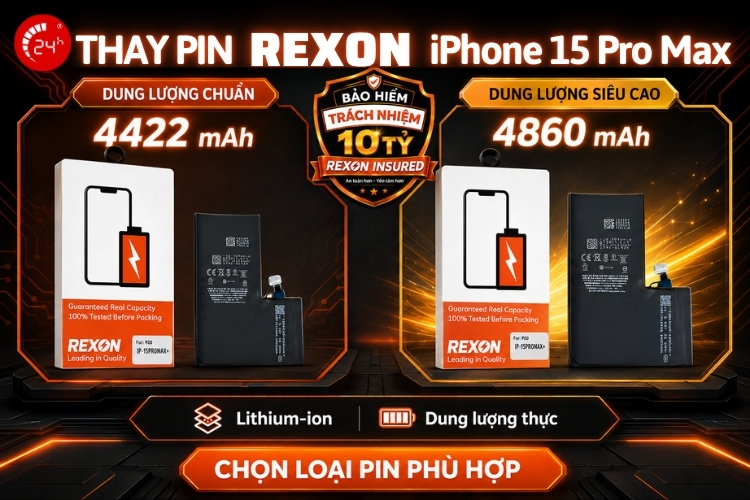 thay pin iphone 15 pro max ch&iacute;nh h&atilde;ng rexon