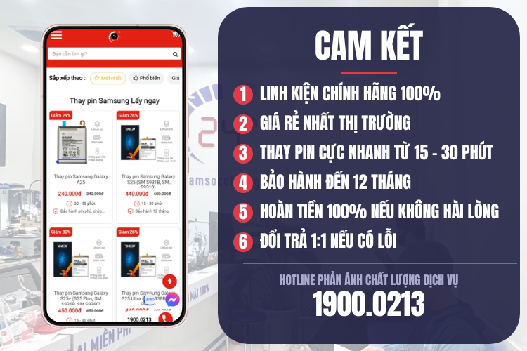cam kết khi thay pin samsung tại chăm sóc di động