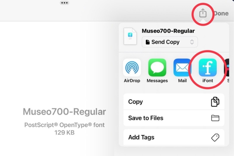 Chuyển tiếp file font vào iFont để tiến hành cài đặt vào kho dữ liệu font chữ  iPad