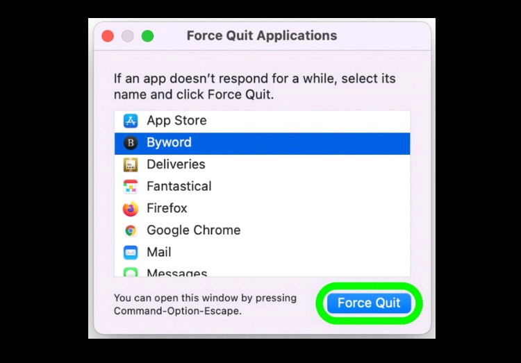 Tắt ứng dụng đã chọn bằng cách nhấn vào Force Quit