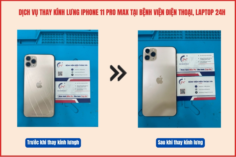 Trước và sau khi thay kính lưng iPhone 11 Pro Max tại chamsocdidong.com