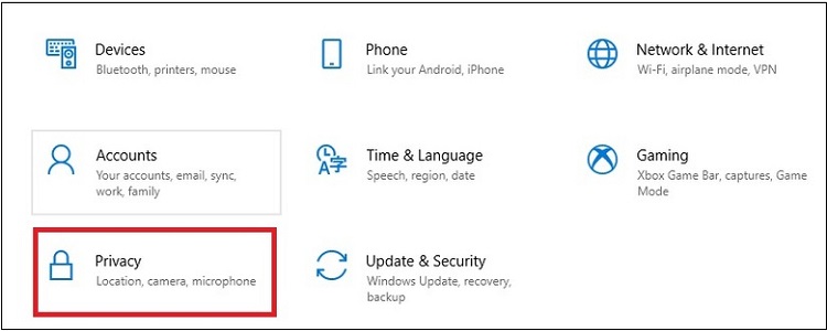 mục Settings và truy cập vào Privacy