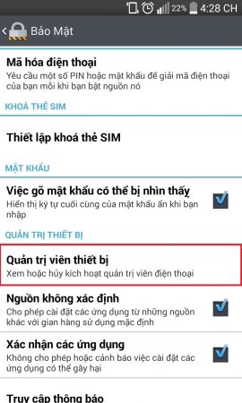 chọn vào bảo mật quản trị viên thiết bị