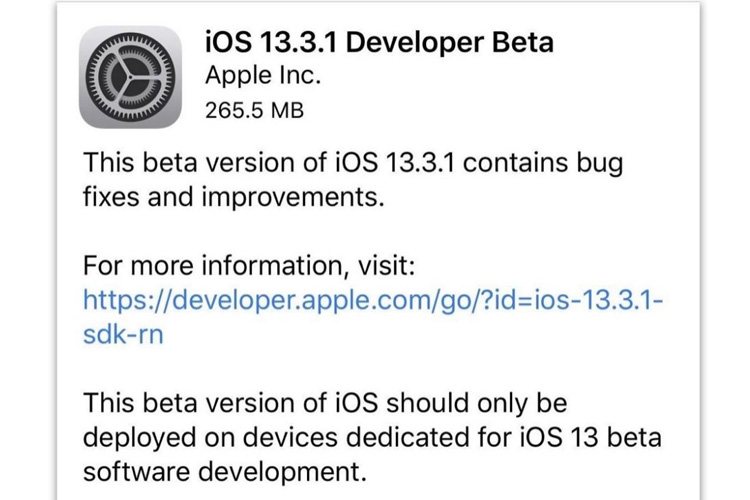 phiên bản beta dành cho nhà phát triển đầu tiên của ios 13.3.1 và ipados 13.3.1
