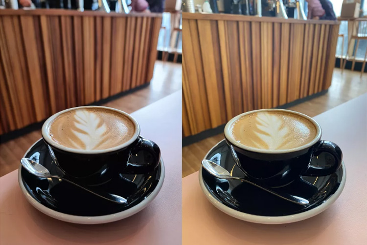ly cà phê latte chụp từ camera hai chiếc smartphone