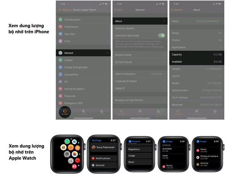 Bạn cần kiểm tra thông tin bộ nhớ trước khi thực hiện các cách giải phóng dung lượng trên Apple Watch