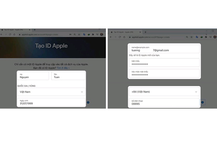 Thao tác nhập địa chỉ email khi tạo ID Apple qua trang chủ