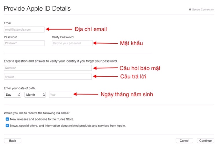 Nhập các thông tin cơ bản trong mục Cung cấp dữ liệu ID Apple 