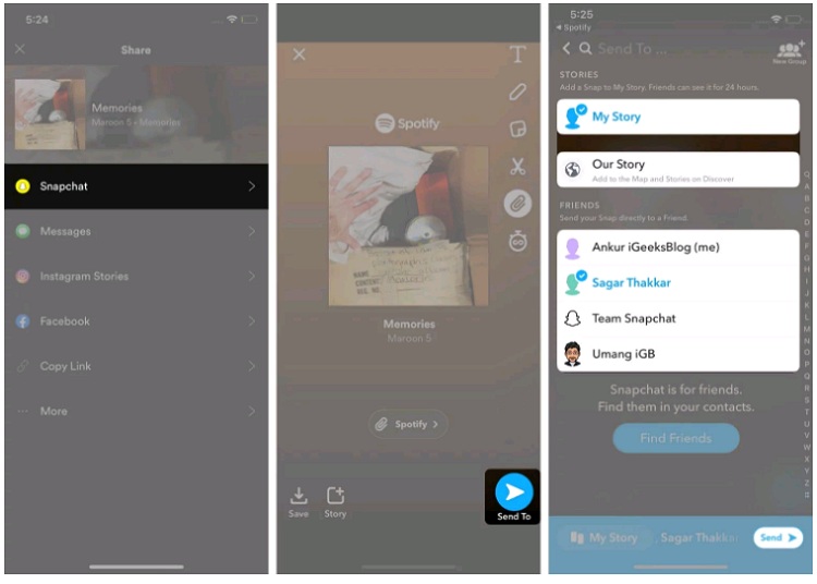 Bước chia sẻ âm thanh từ Sportify cùng với Câu chuyện ở Snapchat