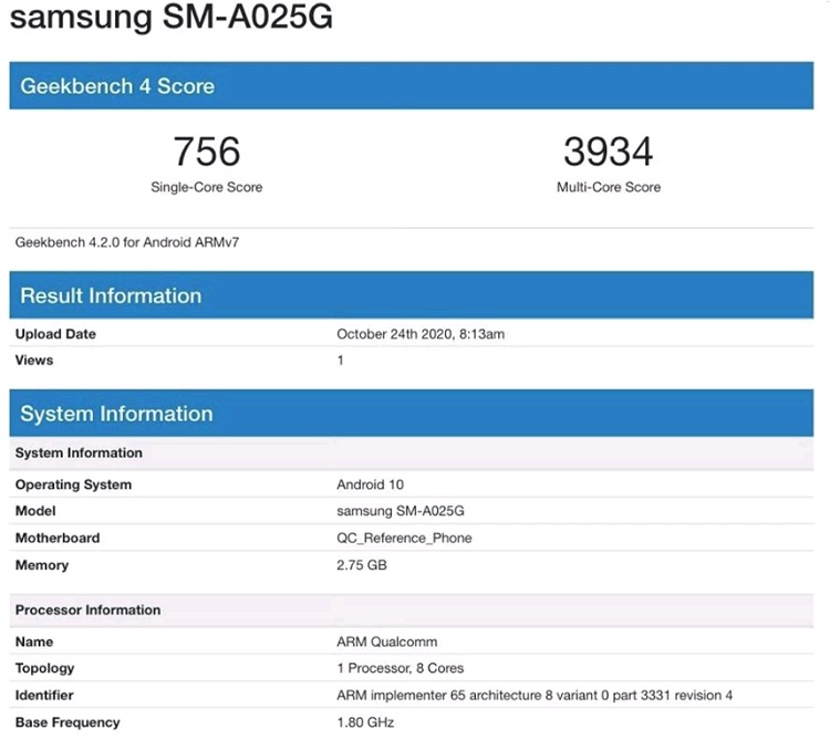 Theo Geekbench, Samsung Galaxy A02s sẽ có RAM 3GB